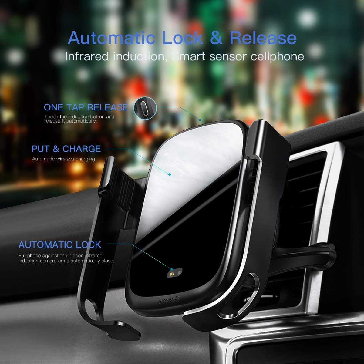 Baseus Wireless Car Charger Mount, Automatic Clamping Gravity Sensor Car Phone Mount
