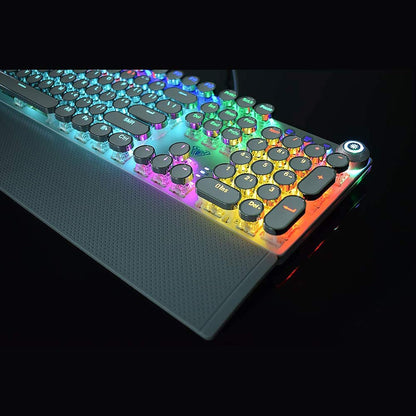 Retro Steampunk Gaming Mechanical Keyboard, Metal Panel, Black Switches, LED Backlit,USB Wired,Hand Rest,Typewriter-Style Round Keycaps