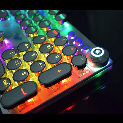 Retro Steampunk Gaming Mechanical Keyboard, Metal Panel, Black Switches, LED Backlit,USB Wired,Hand Rest,Typewriter-Style Round Keycaps