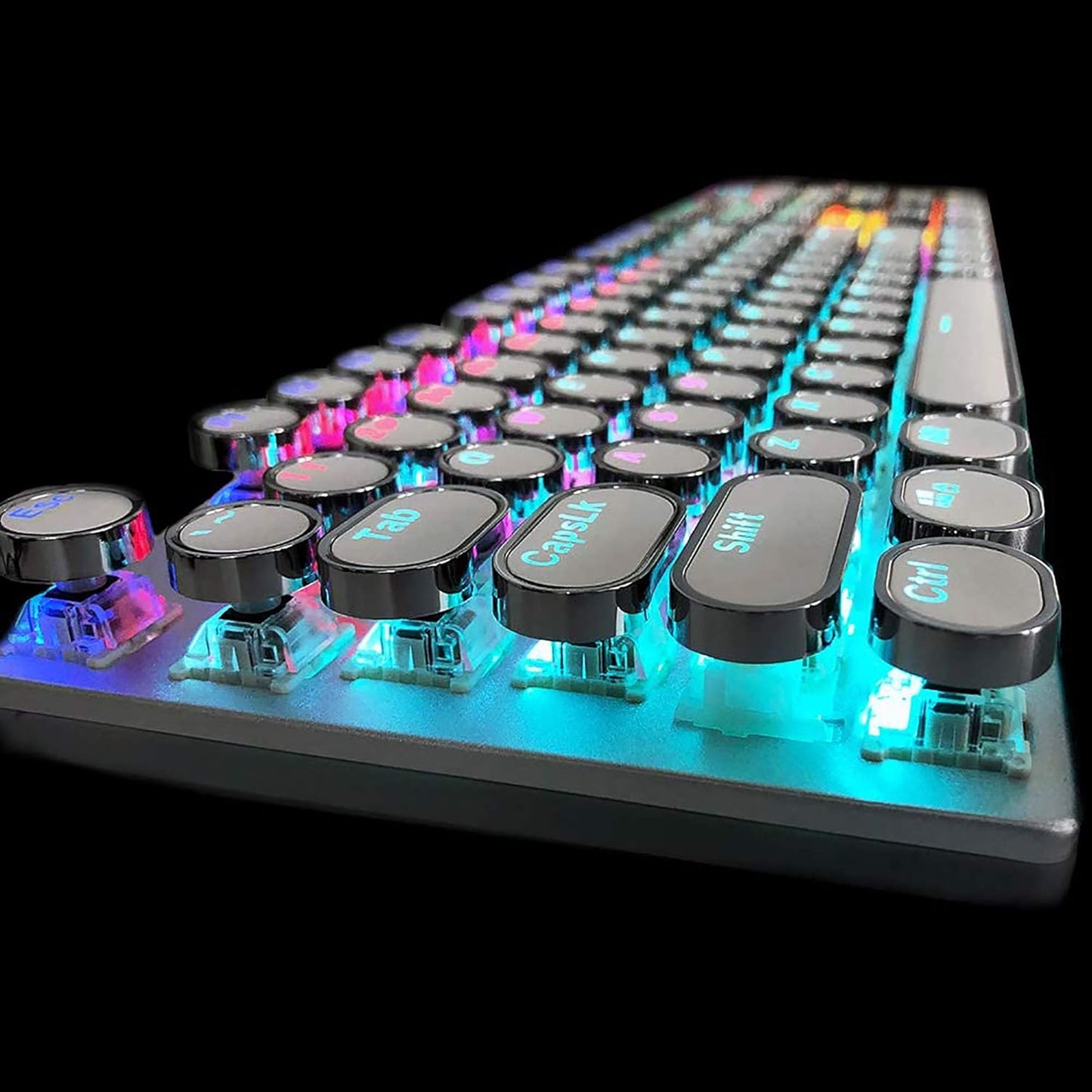 Retro Steampunk Gaming Mechanical Keyboard, Metal Panel, Black Switches, LED Backlit,USB Wired,Hand Rest,Typewriter-Style Round Keycaps