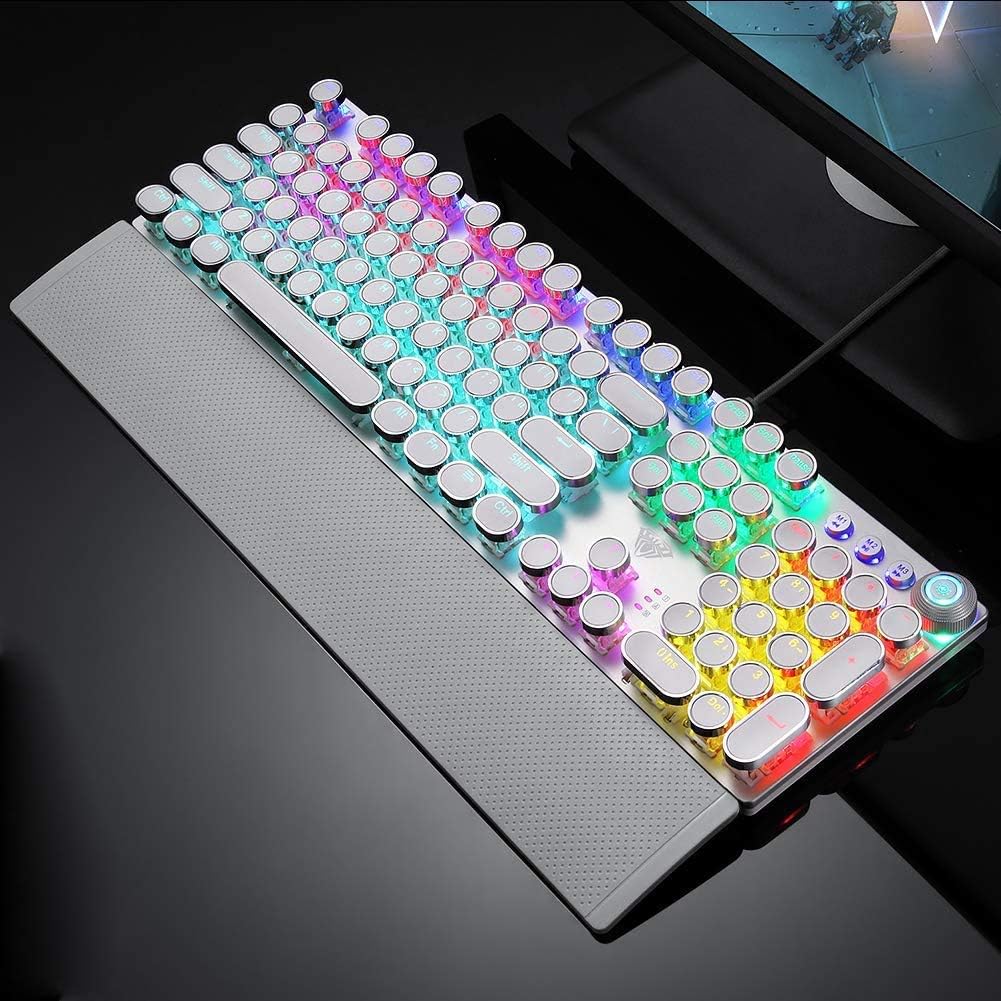 Retro Steampunk Gaming Mechanical Keyboard, Metal Panel, Black Switches, LED Backlit,USB Wired,Hand Rest,Typewriter-Style Round Keycaps