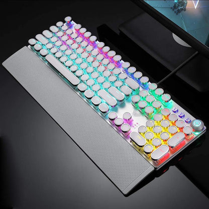 Retro Steampunk Gaming Mechanical Keyboard, Metal Panel, Black Switches, LED Backlit,USB Wired,Hand Rest,Typewriter-Style Round Keycaps