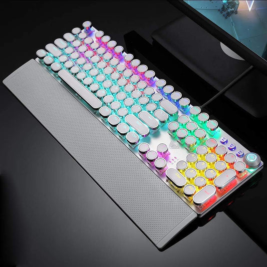 Retro Steampunk Gaming Mechanical Keyboard, Metal Panel, Black Switches, LED Backlit,USB Wired,Hand Rest,Typewriter-Style Round Keycaps