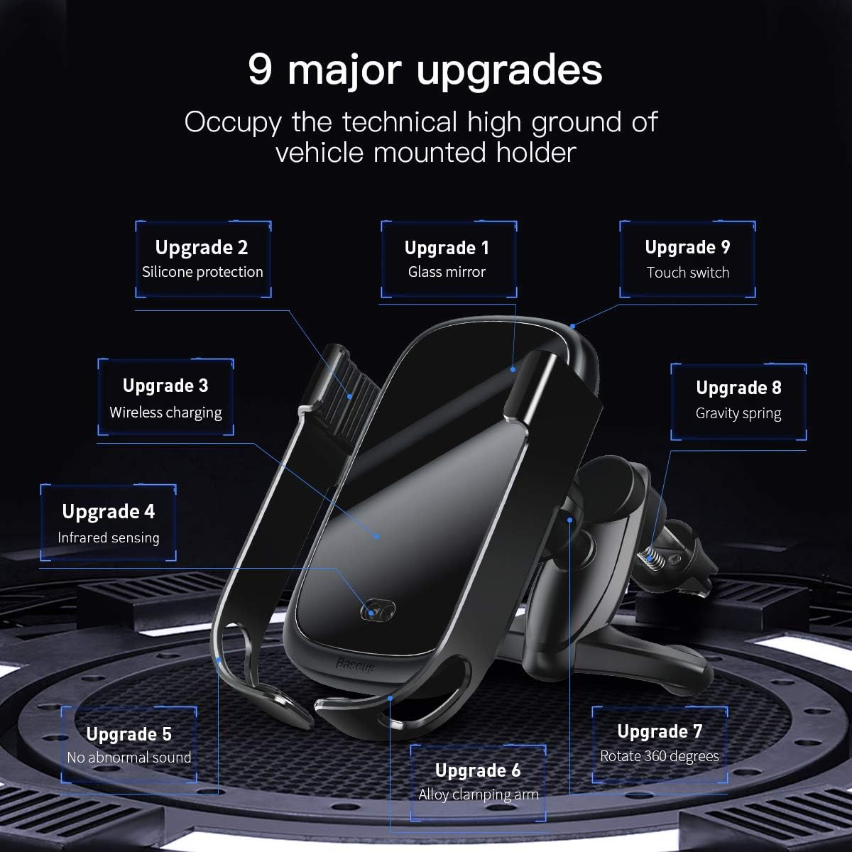 Baseus Wireless Car Charger Mount, Automatic Clamping Gravity Sensor Car Phone Mount