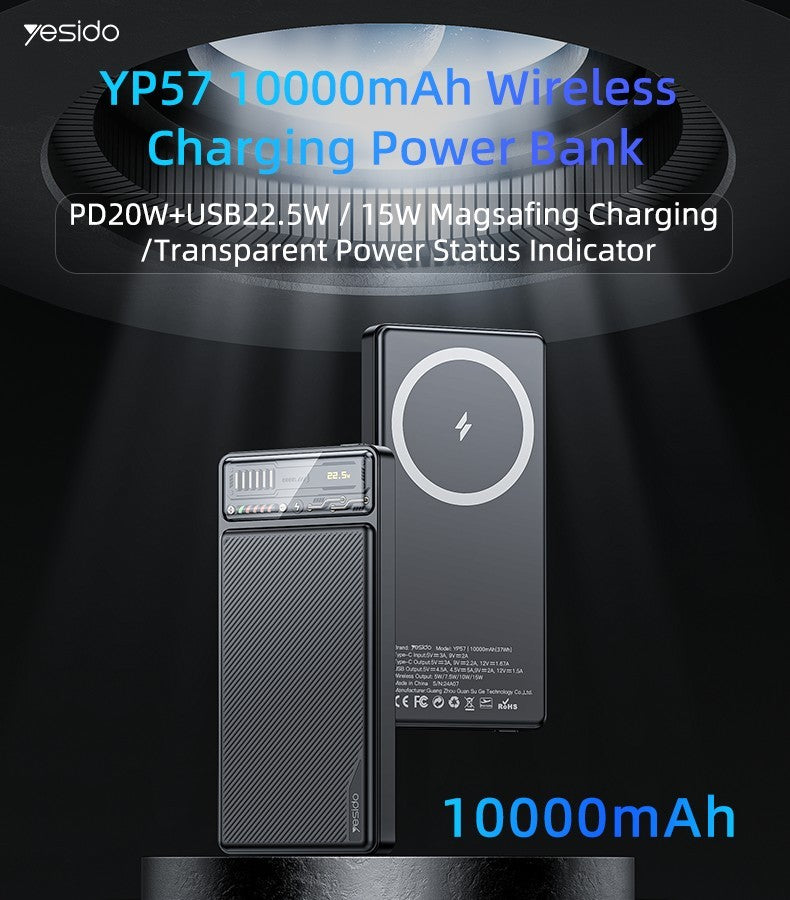 YesidoYP57 10000mAh 15W Magnetic Wireless Fast Charging Transparent Power Status Indicator Power Bank