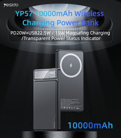 YesidoYP57 10000mAh 15W Magnetic Wireless Fast Charging Transparent Power Status Indicator Power Bank