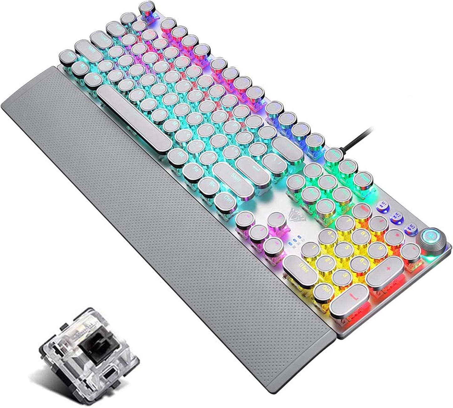 Retro Steampunk Gaming Mechanical Keyboard, Metal Panel, Black Switches, LED Backlit,USB Wired,Hand Rest,Typewriter-Style Round Keycaps