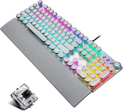 Retro Steampunk Gaming Mechanical Keyboard, Metal Panel, Black Switches, LED Backlit,USB Wired,Hand Rest,Typewriter-Style Round Keycaps