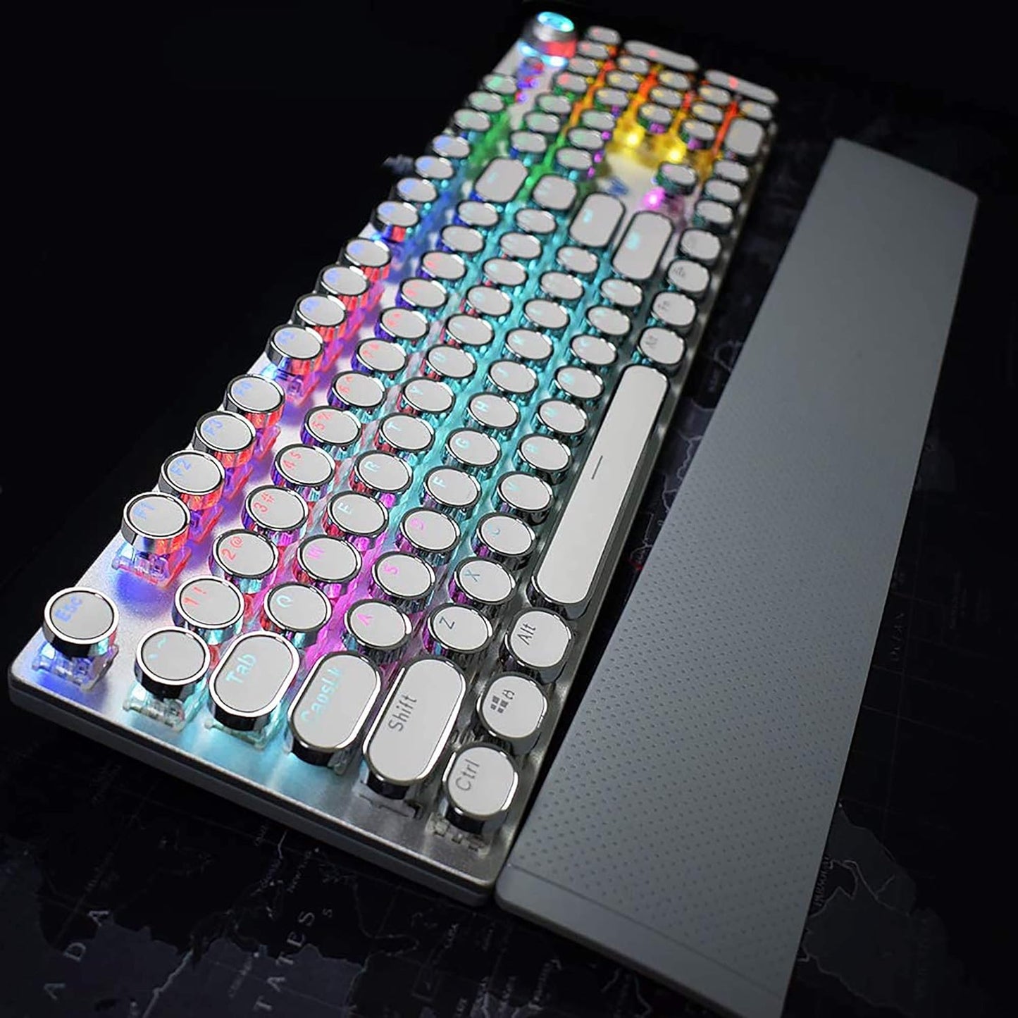 Retro Steampunk Gaming Mechanical Keyboard, Metal Panel, Black Switches, LED Backlit,USB Wired,Hand Rest,Typewriter-Style Round Keycaps