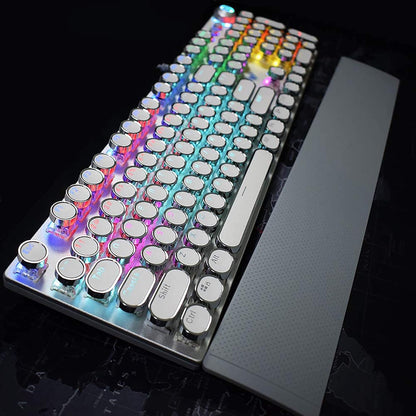 Retro Steampunk Gaming Mechanical Keyboard, Metal Panel, Black Switches, LED Backlit,USB Wired,Hand Rest,Typewriter-Style Round Keycaps