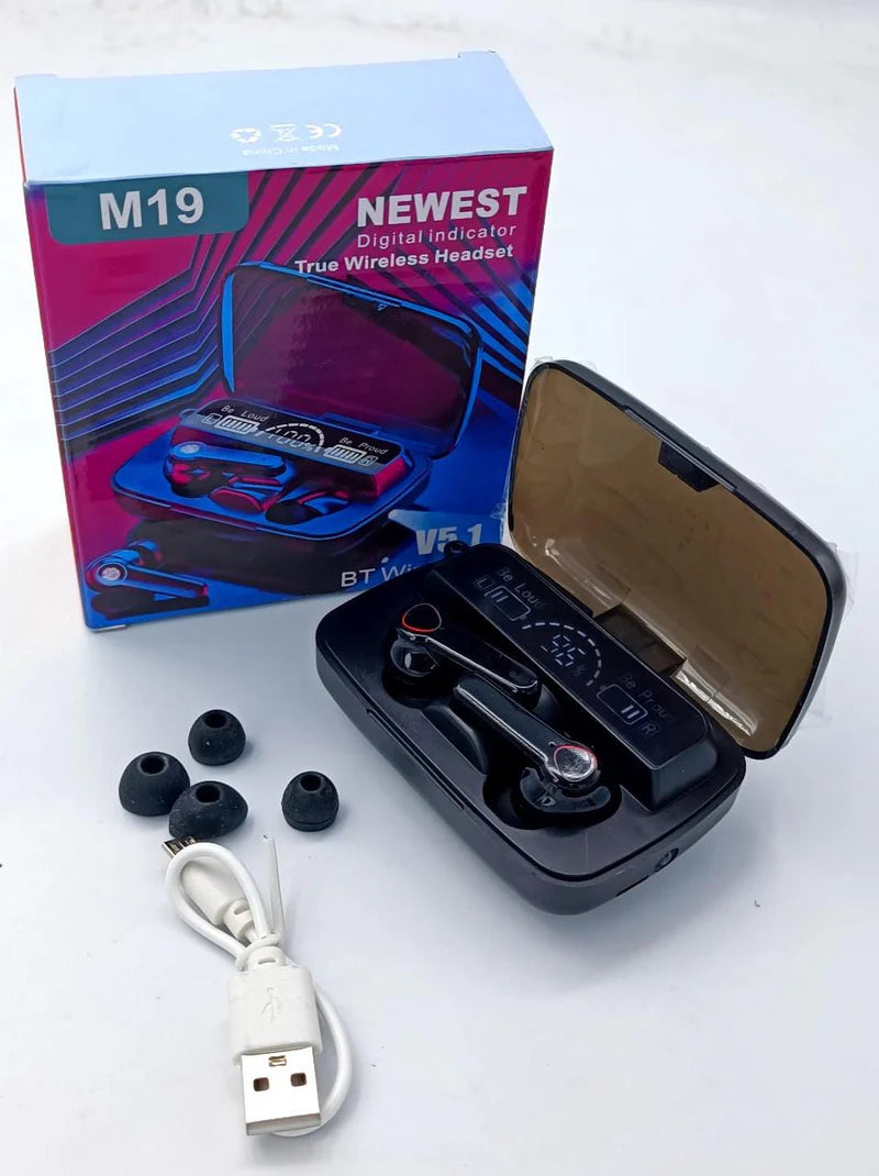 Bluetooth Headset - M19 TWS - Noise Cancelling - Waterproof - Works on All Phones - In Ear - Black