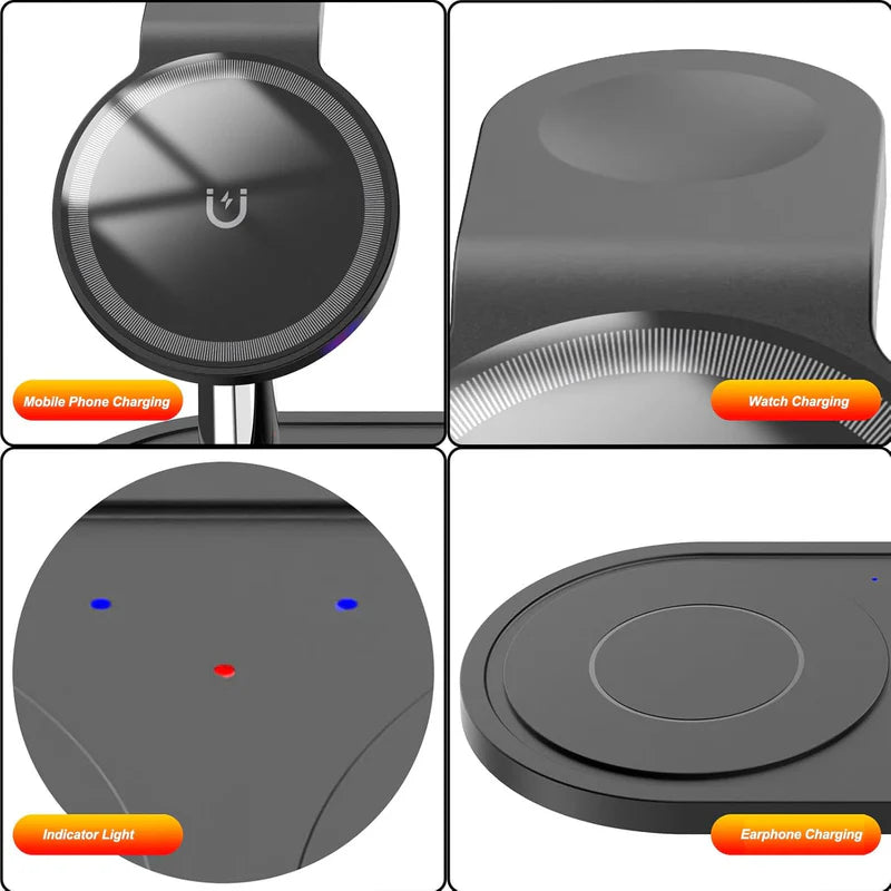 Wireless Charger Stand for Smart Devices, 3 in 1 Fast Wireless Charging Station for Smart Watch Earbuds Phone, Adjustable Magnetic Charging Pad for Desktop and Car