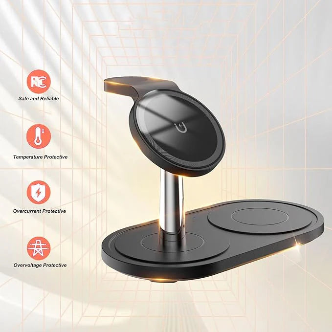 Wireless Charger Stand for Smart Devices, 3 in 1 Fast Wireless Charging Station for Smart Watch Earbuds Phone, Adjustable Magnetic Charging Pad for Desktop and Car