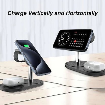 Wireless Charger Stand for Smart Devices, 3 in 1 Fast Wireless Charging Station for Smart Watch Earbuds Phone, Adjustable Magnetic Charging Pad for Desktop and Car