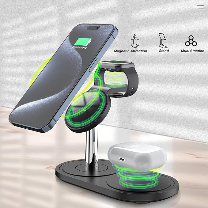 Wireless Charger Stand for Smart Devices, 3 in 1 Fast Wireless Charging Station for Smart Watch Earbuds Phone, Adjustable Magnetic Charging Pad for Desktop and Car